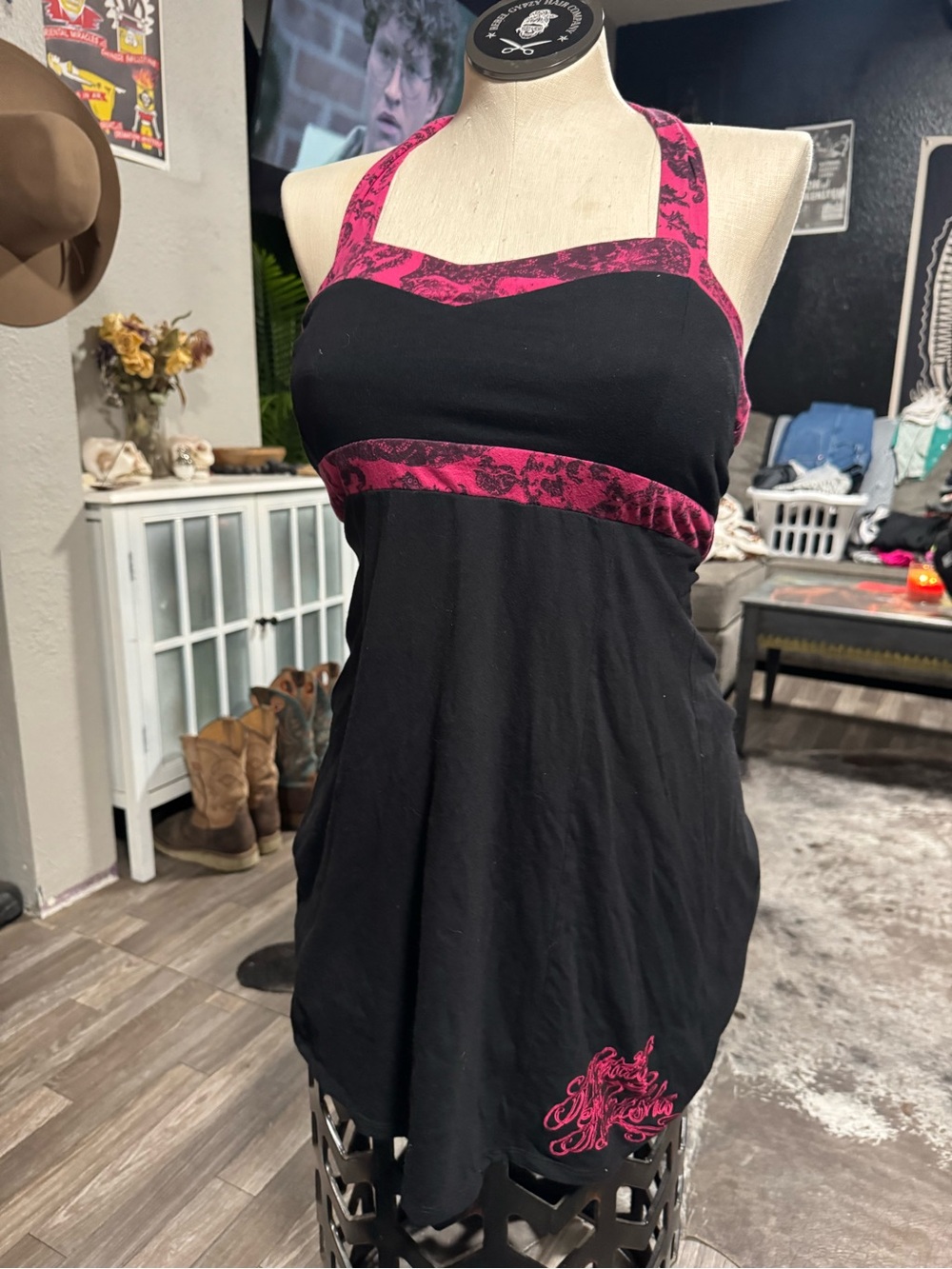 Women's Black Halter dress with Pink Trim